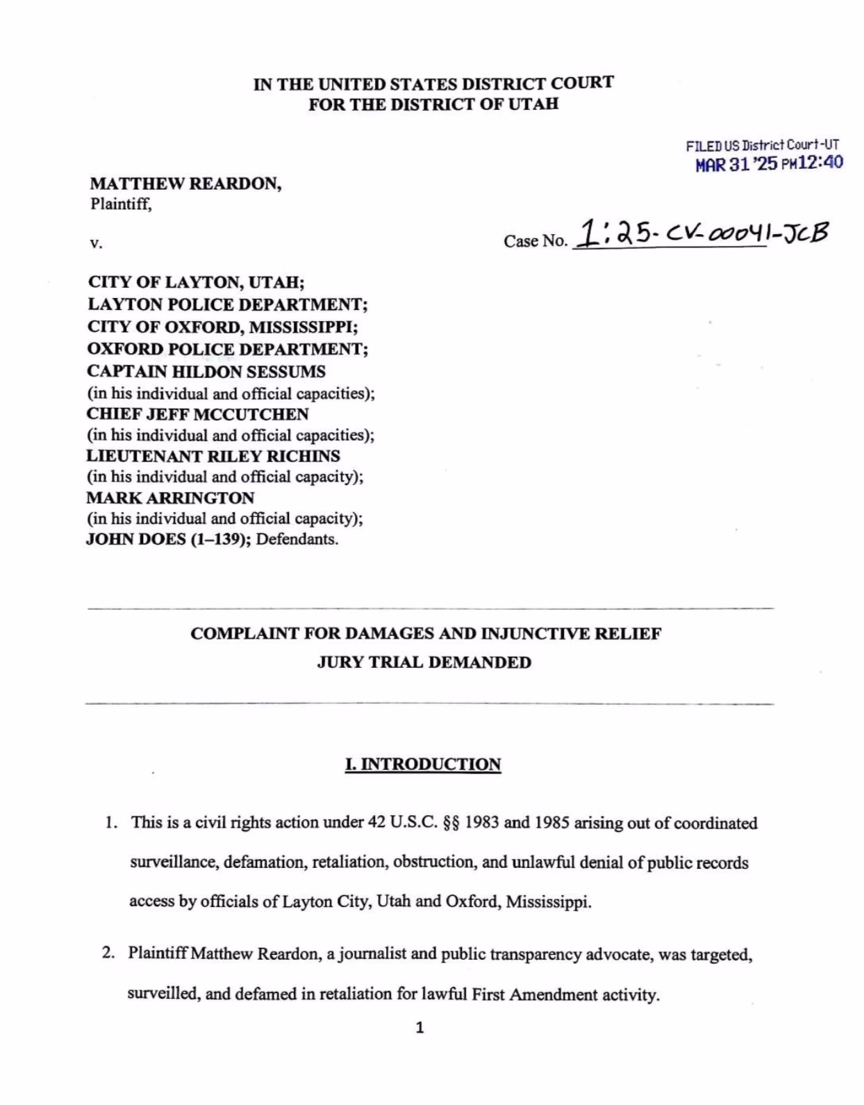 Reardon v Layton et al 1st page
