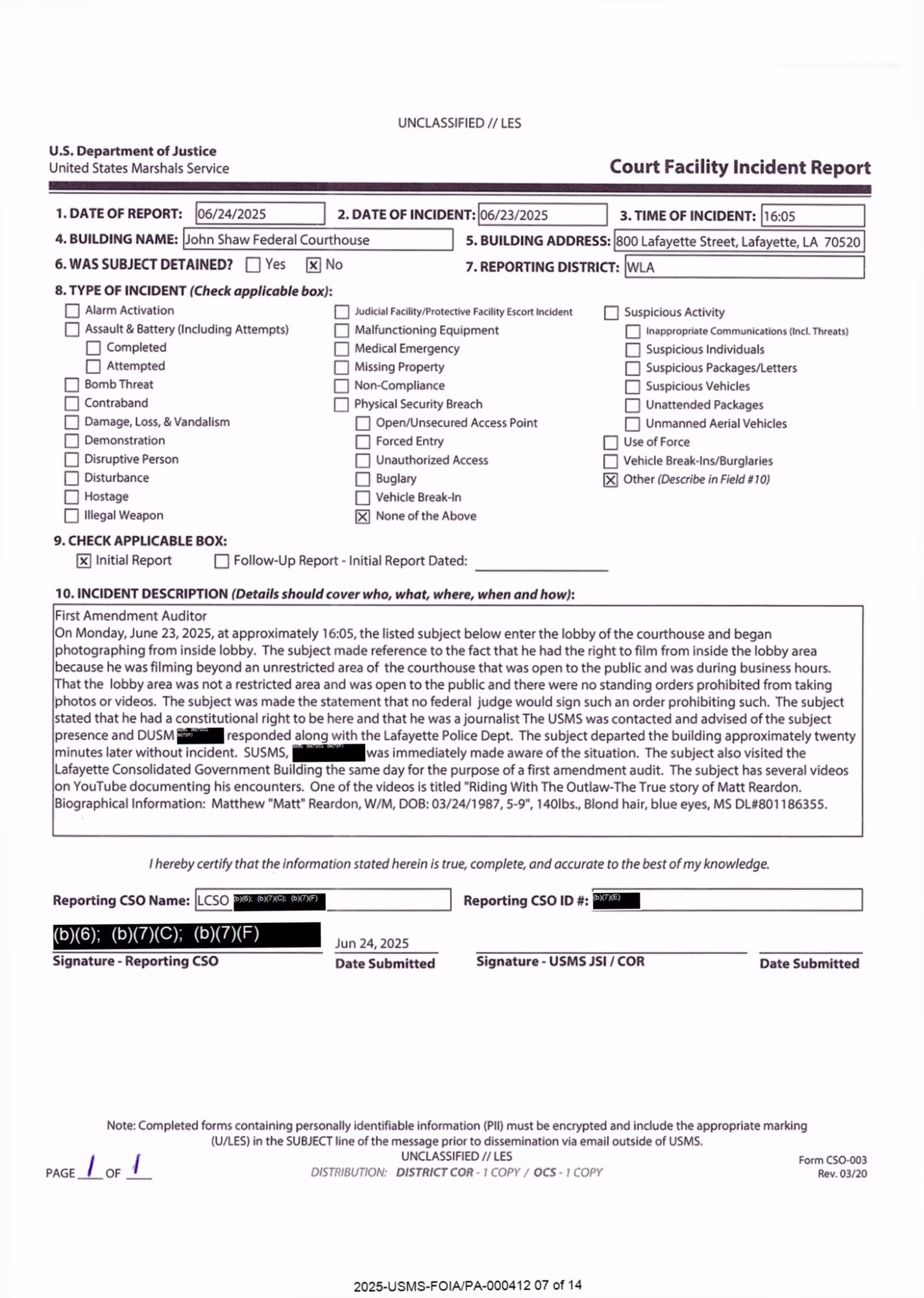 FOIA records showing ex parte communications between US Marshals and federal judges
