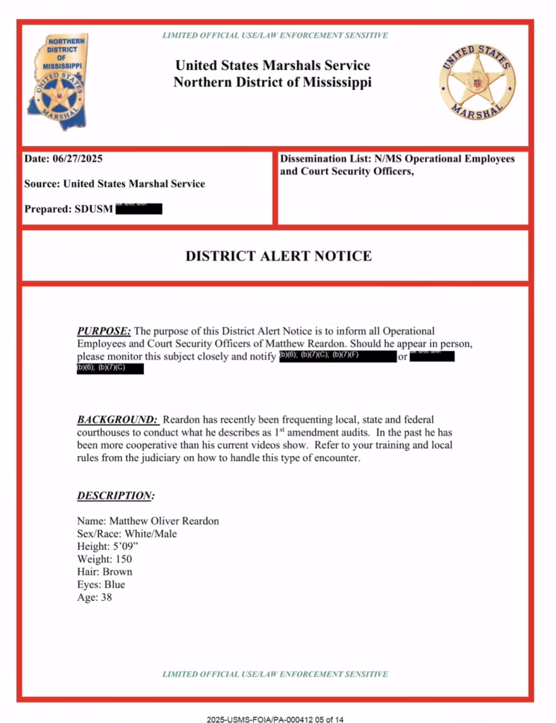 Complete 14-page FOIA records revealing U.S. Marshals emails to federal judges characterizing journalist Matthew Reardon as suspicious before criminal charges