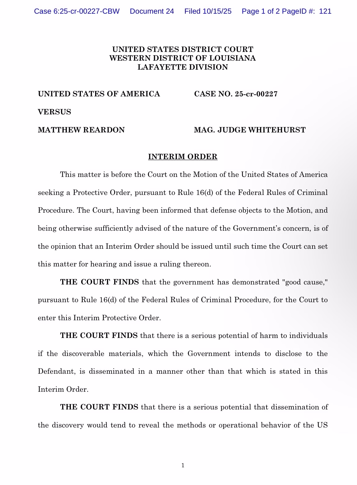 Federal judge ex parte interim protective order page 1