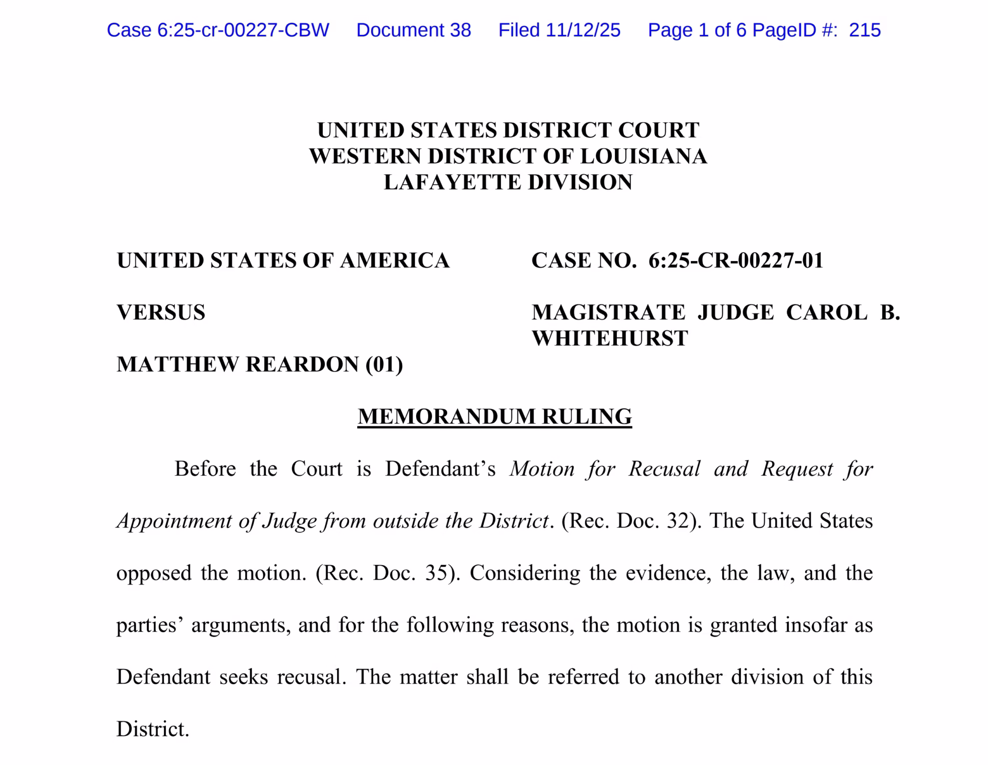 Order of Recusal in USA v Reardon