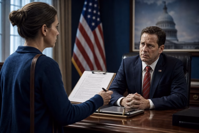 A citizen confronts a government official with a questionnaire about constitutional rights and public accountability