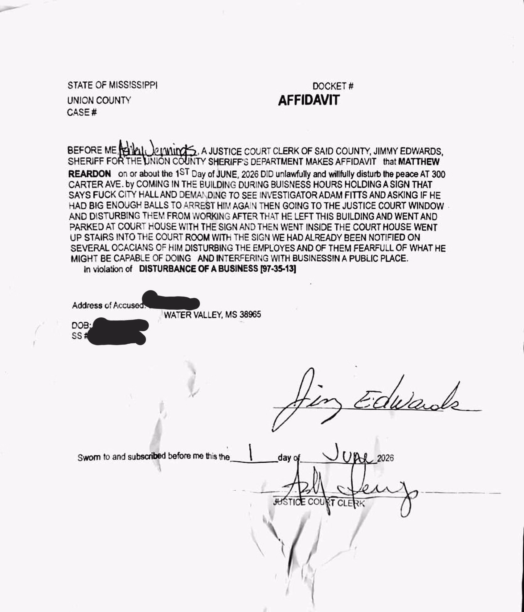 Affidavit signed by Union County Sheriff Jimmy Edwards, dated June 1, 2026, charging Matthew Reardon with Disturbance of a Business